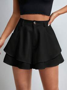 Shapeblank Plus Size Women's Fashion Casual Commuter Business Women Clothes Double-Layer Hem Ruffled Hem Fall Pants White Commuter Shorts - Black - View 1