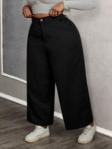 SHEIN PETITE CURVE 大码女士纯色简约日常休闲裤/冬季、情人节、毕业典礼、优雅、休闲、正式场合穿着，黑色裤子 - 黑色 - 查看 6
