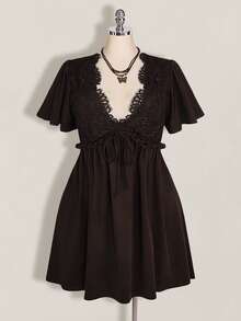 SHEIN ICON Plus Size Women's Lace Patchwork Ruffle Sleeve Front Tie Dress - Brown - View 6
