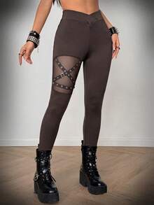 Coolane Women's All-Season Girlisim Goth Y2K Punk Sexy Streetwear Rave Golf Clubs Stretchy Comfortable Grommet Eyelet Tights Pants Pastal - Brown - View 6