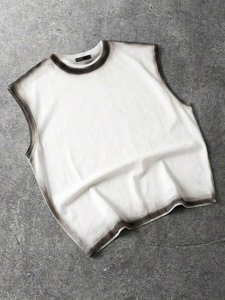 Camiseta de tirantes de verano de cuello redondo, versátil, con acabado teñido a mano de manera informal para hombres - Blanco - Ver 1