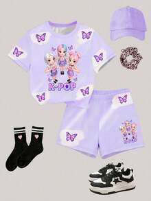 SHEIN 2件套女婴新款SS26可爱梦幻紫色蝴蝶卡通女孩印花短袖上衣搭配休闲紫色短裤，春夏套装，舒适时尚，适合户外活动、摄影和日常穿着。 - 彩色 - 查看 2