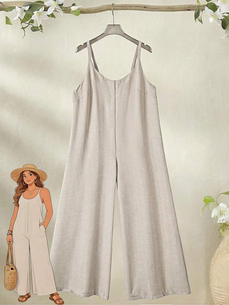 Plus Size Women's Summer Casual Vacation Country  Solid Color Apricot Spaghetti Strap Long Jumpsuit With Pockets,Khaki Wide Leg Jumpsuit,Vacation Outfits Women ,Holiday Outfits For Women,Spring Clothes Women,Going Out Outfits,New Clothes,Simple And Fashionable For Everyday Wear,Boho Jumpsuit,Suitable For Summer, Vacation, Daily Wear, Festival Outfits For Women,Beach Outfits For Women,Gifts For Mother,Boho Top,Mothers Day Outfit