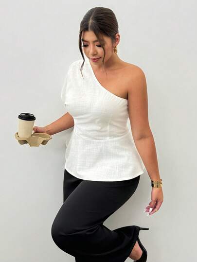 Firerie Plus Size Women Elegant Commuting Work Imitation Linen Asymmetric Waist Exposed Shoulder Loose Blouse