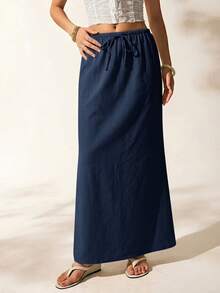 Easelle Women's Summer Solid Color Drawstring Waist Fishtail Skirt, Navy Blue - Navy Blue - View 5