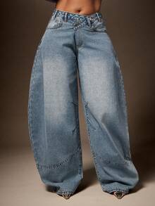 Vixey Asymmetrical Waist Barrel Leg Denim Pants - Light Wash - View 1