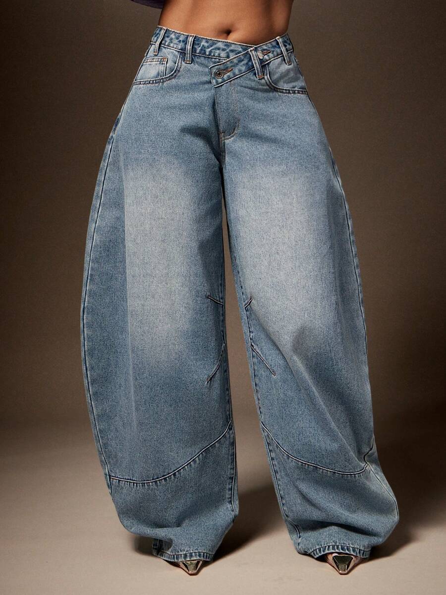 Vixey Asymmetrical Waist Barrel Leg Denim Pants - Light Wash - View 1