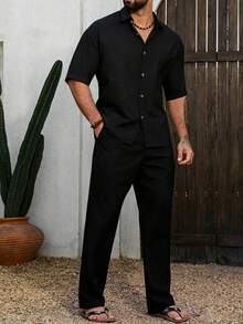 VENTUSAIL Men's Solid Color Striped Textured Shirt Set, Spring/Summer - Black - View 5