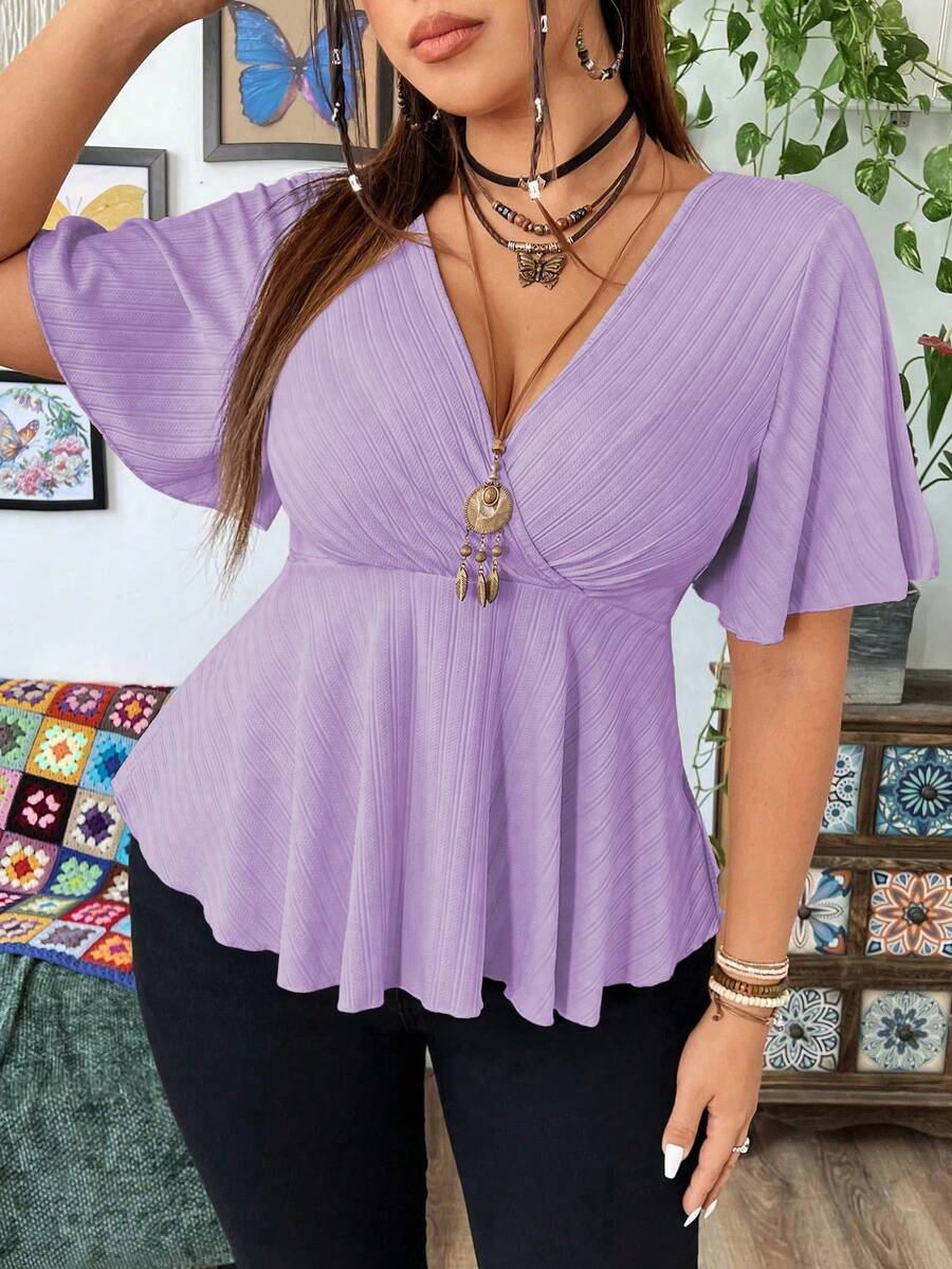Áo thun nữ cỡ lớn cổ chữ V tay bèo gấu ngắn - Màu tím  Violet - Xem 1