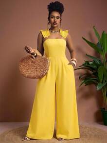 Truni 大码女士黄色优雅吊带连体裤，适合音乐节、复活节、西式风格、生日、毕业典礼、学生日常穿着，百搭实用，休闲度假、邮轮旅行、海滩、日光浴、放松休闲。 - 黃色 - 查看 6