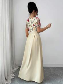 Selianne Đầm hè thanh lịch dành cho nữ với họa tiết thêu hoa hồng, chất liệu vải lưới, dáng chữ A, cổ tròn, tay ngắn, thích hợp cho các dịp thường ngày, đi biển, dự tiệc, mặc hàng ngày. - Màu be - Xem 2