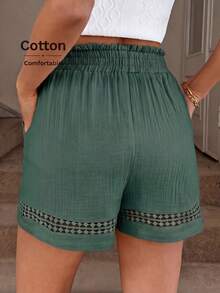 Women's Short Khaki Cotton Patchwork Elastic Waist Top, Spring/Summer - Dark Green - View 2