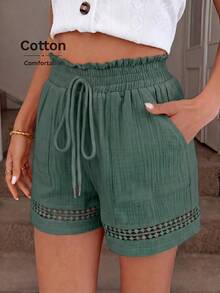 Women's Short Khaki Cotton Patchwork Elastic Waist Top, Spring/Summer - Dark Green - View 4