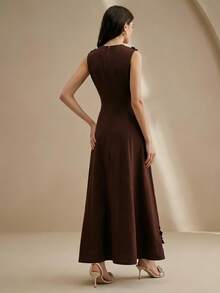 Women's Elegant Hollow Out Embroidered Fitted Burgundy Red Sleeveless Dress, Suitable For Formal, Party, Chic, Work, Graduation, Wedding - Coffee Brown - View 7