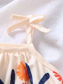 SHEIN 1件女嬰幼兒波希米亞風可愛米色夏季度假假日花卉印花無袖吊帶肩部繫帶蝴蝶結A字擺洋娃娃裙 - 杏色 - 查看 7