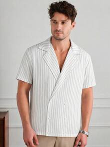 Core Aspect Men's Mature Striped Collared Shirt, Comfortable & Versatile Business Casual Wear Suitable For Commuting, Summer - White - View 4