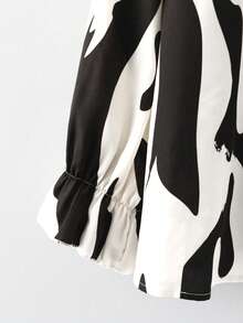 EMERY ROSE Plus Size Women V-Neck Back Tie Full Print Long Sleeve Autumn Blouse - White - View 4