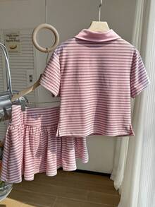Comfortcana Conjunto de 2 piezas de camiseta de manga corta a rayas y minifalda casual y colorida, para primavera/verano - Multicolor - Ver 2