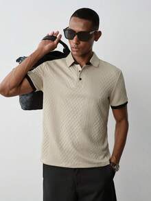 Manfinity Homme Men's Casual Vacation Style, Featuring An INS-Inspired Geometric Diamond-Textured Jacquard Knit Short-Sleeve Polo Shirt. Perfect For Music Festivals, Hawaii Beach Getaways - Apricot - View 4