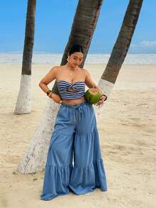 Sunnyshic Jeans de pierna ancha y cintura alta con pliegues para mujer, versátil y de moda, para el verano - Lavado ligero - Ver 6