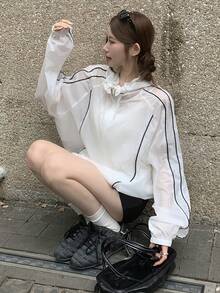 DAZY 女士插肩袖拉链抽绳连帽常规外套 - 白色 - 查看 10