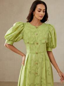 BELROSIE Elegant Tea Party Golf Floral Chiffon Maxi Dress, Round Neck Front Button Decor Faux Pocket Puff Sleeve Flared Dress For Party, Commute - Green - View 2