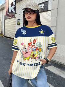 SpongeBob SquarePants | SHEIN 大码女式圆领短袖休闲T恤 - 白色 - 查看 4