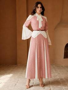Anewsta Striped Flare Sleeve Tie Waist Design Women Long Dress - Red - View 7