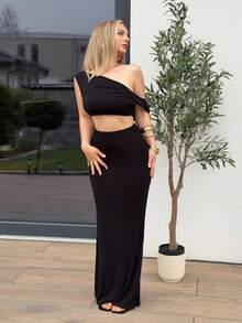 Jeta Ari Women's Sexy Casual Elegant Black Fitted 2-Piece Set: Asymmetric Off-Shoulder Crop Top And Ruffle Waist Fishtail Skirt, Formal Dress Suit For Date/Gathering/Birthday/Party/Banquet/Holiday/Formal Occasion, 2 Piece Long Skirt Set, Elegant 2 Piece Set Curve 2 Piece Outfits Two Piece Dress Set - Black - View 6