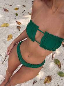 Sunnyshic Summer Beach Ruched Lettuce Trim Bandeau Bikini Set - Green - View 3
