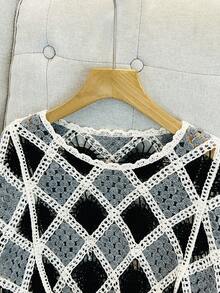 Franclia Women's Asymmetrical Color Block Fringe Knit Pullover Sweater, Suitable For Vacation - Black - View 4