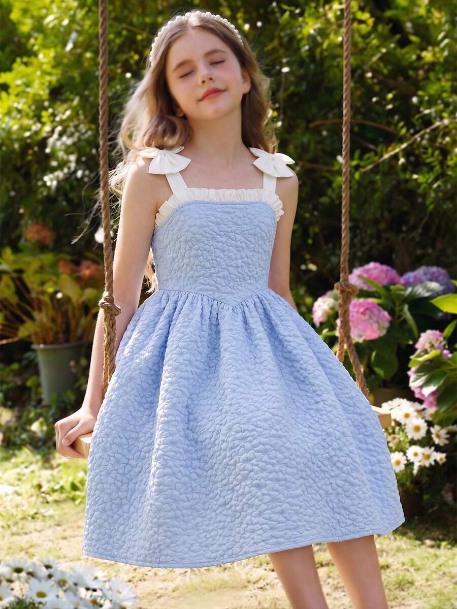 1pc Girls Jacquard Weave Vacation Style Sleeveless Waist Cinched Lightweight Summer Dress - Blue - View 1