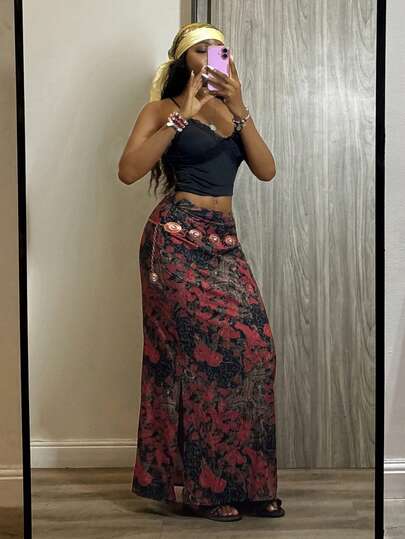 StreetHx Women's Retro Millennium Floral Print Long Skirt