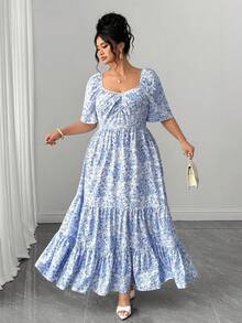 Elenzga Robe d'été élégante en tissu tressé pour femmes grandes tailles, manches courtes, décontractée, idéale pour les vacances à la plage - Bleu et Blanc - Voir 6
