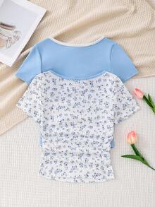 Bộ 2 áo thun cổ tròn họa tiết hoa nhí phối màu dành cho bé gái tuổi teen, áo mùa hè cho các bạn nữ. - Màu xanh lam - Xem 3