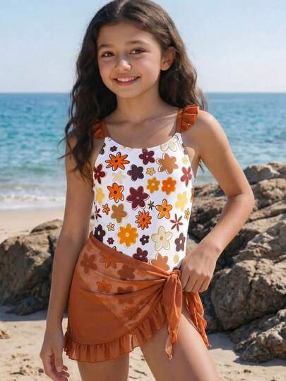 SHEIN 少女可爱印花肩带花卉饰边时尚欧美精致荷叶边连体泳衣，适合游泳、度假、夏季海滩