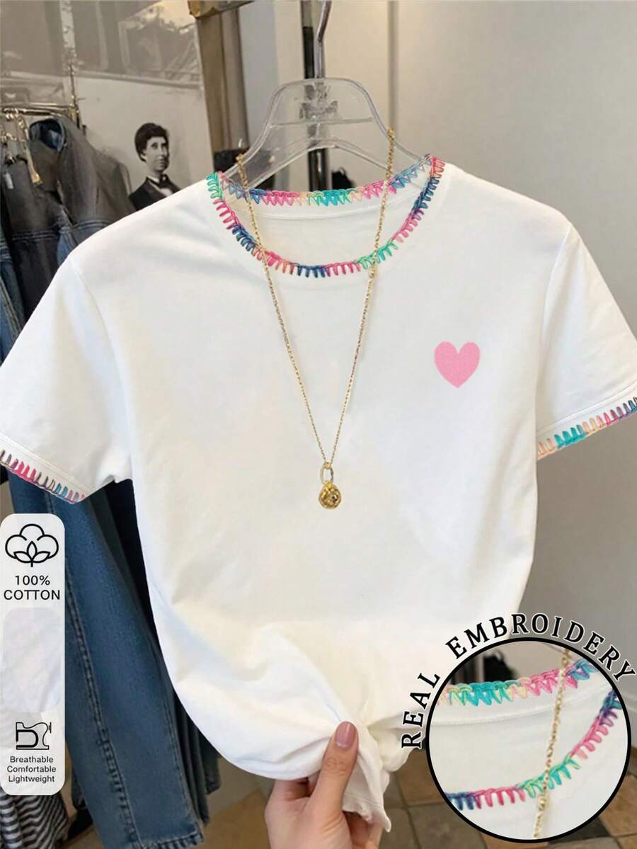 Resyla Camiseta casual de mujer con cuello redondo y manga corta con bordado floral - Blanco - Ver 1