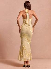Enchnt Abito elegante da donna con vita svasata, ricamo floreale 3D e laccetti, stile fishtail per l'estate - Giallo - Visualizzare 7