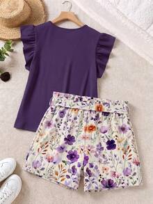 SHEIN LUNE Bộ đồ 2 mảnh cỡ lớn thanh lịch gồm áo màu trơn viền bèo nhún và quần short in họa tiết màu tím, thích hợp cho mùa hè. - Nhiều màu - Xem 2