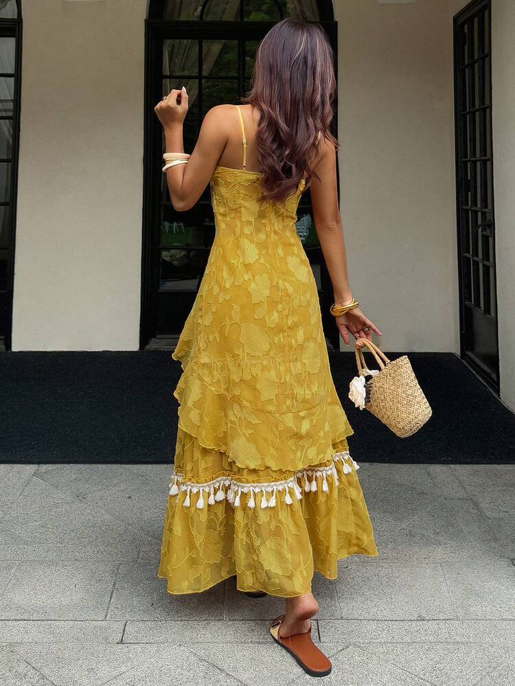 Women's Cutout Lace Camisole And Tassel Trim Midi Skirt 2 Pieces Set Vacation Outfits Women
