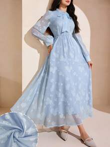Graceveil Elegante vestido de manga larga acampanada con lazo en el cuello de jacquard, dulce y grácil - Azul - Ver 10