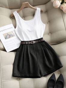 Franclia Versatile Casual Elegant Commuting Waist Belt Decor Gray Vertical Striped Shorts, Wide Leg Pants, Bermuda Pants, Autumn/Winter Stripe Shorts Elegant Shorts Shorts For Women Belted Shorts High Waist Shorts Casual Shorts Pleated Shorts - Black - View 5