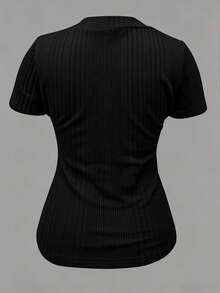 EMERY ROSE Women's V-Neck Asymmetrical Ribbed Casual Short Sleeve T-Shirt - Black - View 2