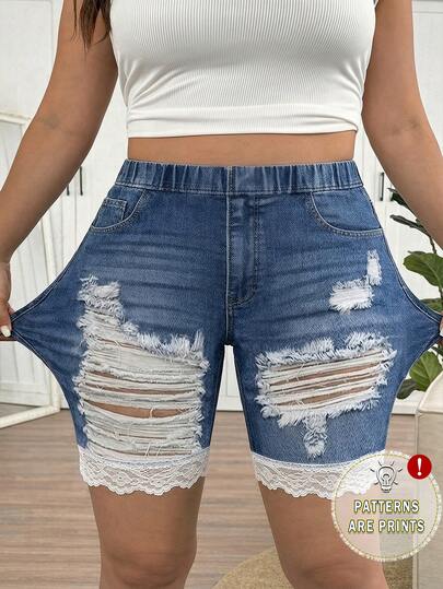 SHEIN Frenchy Quần legging dáng rộng màu xanh denim phối ren tương phản, thích hợp cho Ngày của Mẹ, phù hợp cho mùa hè.