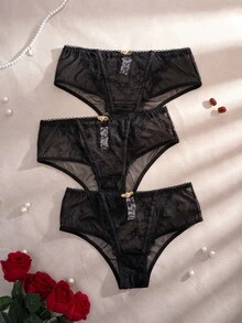 SHEIN 3条装女士蕾丝拼接舒适比基尼内裤 - 黑色 - 查看 4