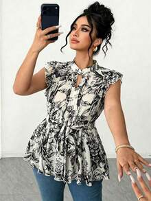 Elenzga Blus för kvinnor i plus size, volangskjorta i chiffong, fladdrande ärmar, elegant svart och vit, sommar, tebjudning, militärblå blus för fest, bröllop, gala, dejt - Svart - Visa 4