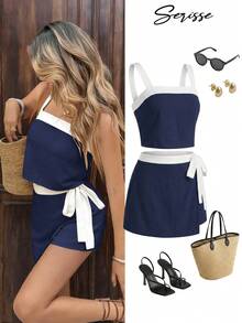 Serisse Women's Colorblock Square Neck Sleeveless Fashion Summer 2 Pieces SetAsymmetric - Navy Blue - View 8