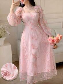 Modelyn Women's French Style Sweet & Ethereal Pink Mesh Tie-Up Dress,Pink Floral,Summer,Elegant,Tea Party Luxury Lace Rococo Vintage Gown - Pink - View 8