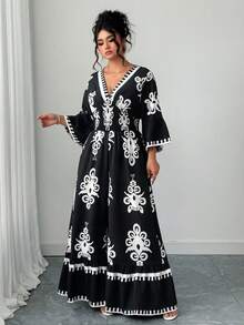 Elenzga Plus Size Blue & White Elegant Shirred Shirred Print Waist Jumpsuit - Black - View 1