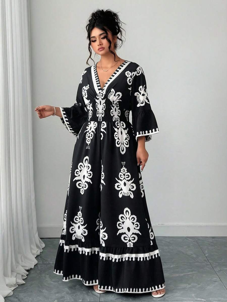 Elenzga Plus Size Blue & White Elegant Shirred Shirred Print Waist Jumpsuit - Black - View 1